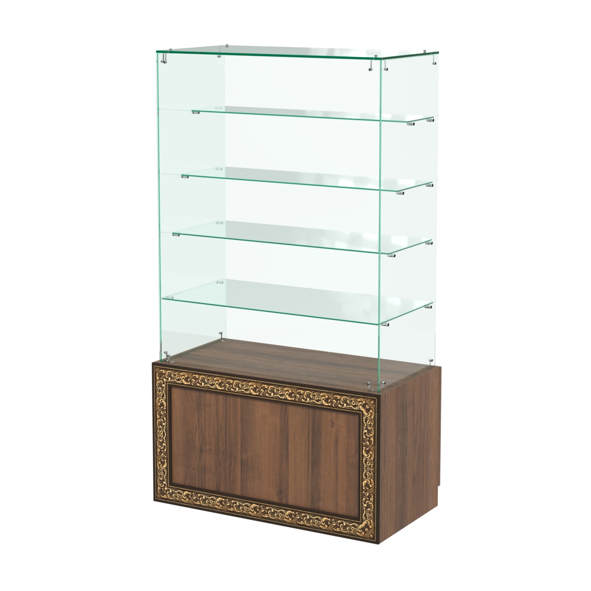 Стеклянный прилавок с декором и четырьмя прозрачными полками "лесенкой" №СПБА-204 Орех