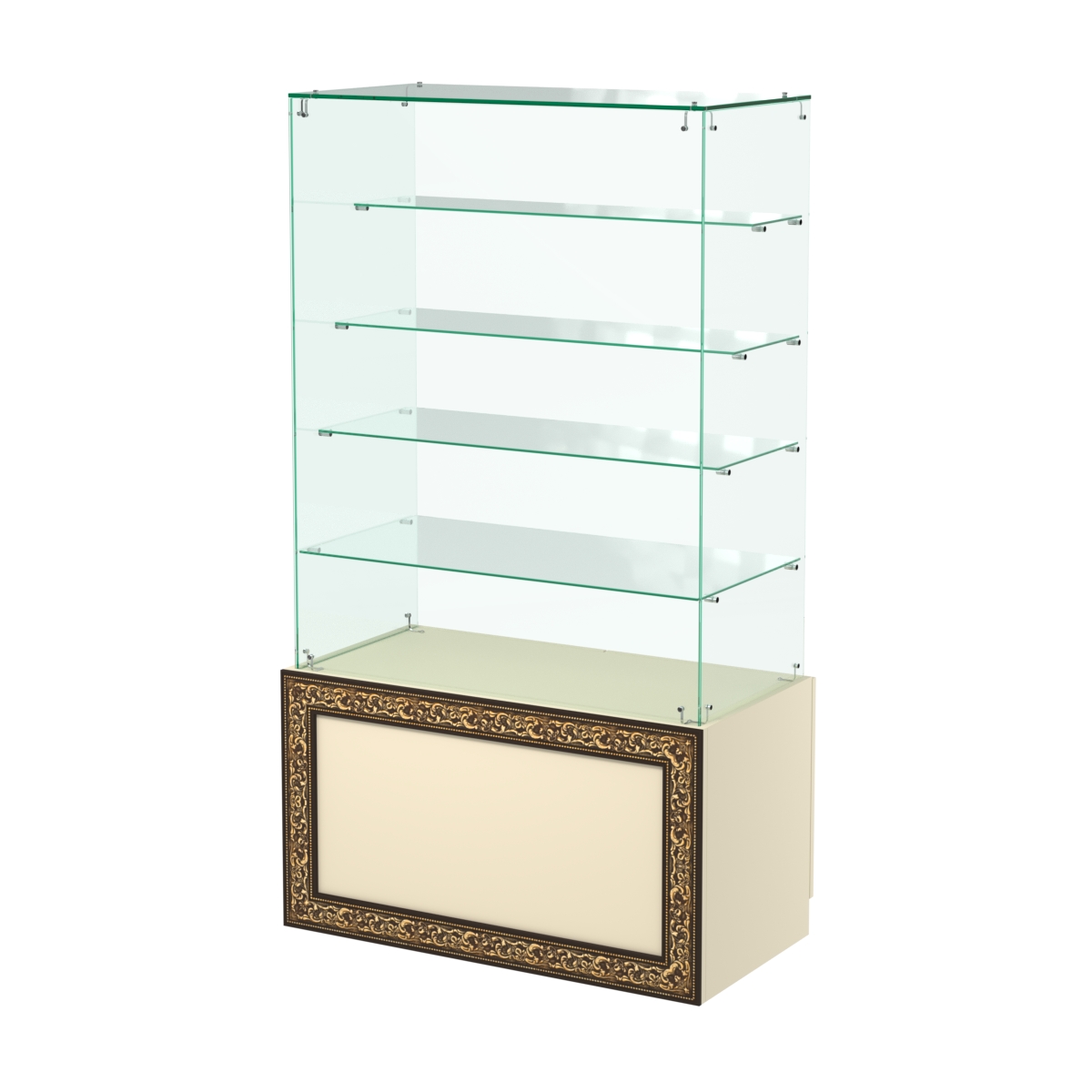 Стеклянный прилавок с декором и четырьмя прозрачными полками "лесенкой" №СПБА-204 Крем Вайс