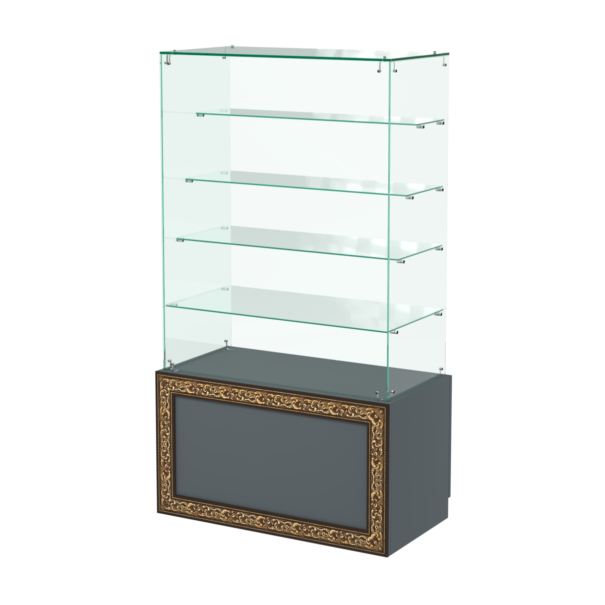 Стеклянный прилавок с декором и четырьмя прозрачными полками "лесенкой" №СПБА-204 Темно-Серый