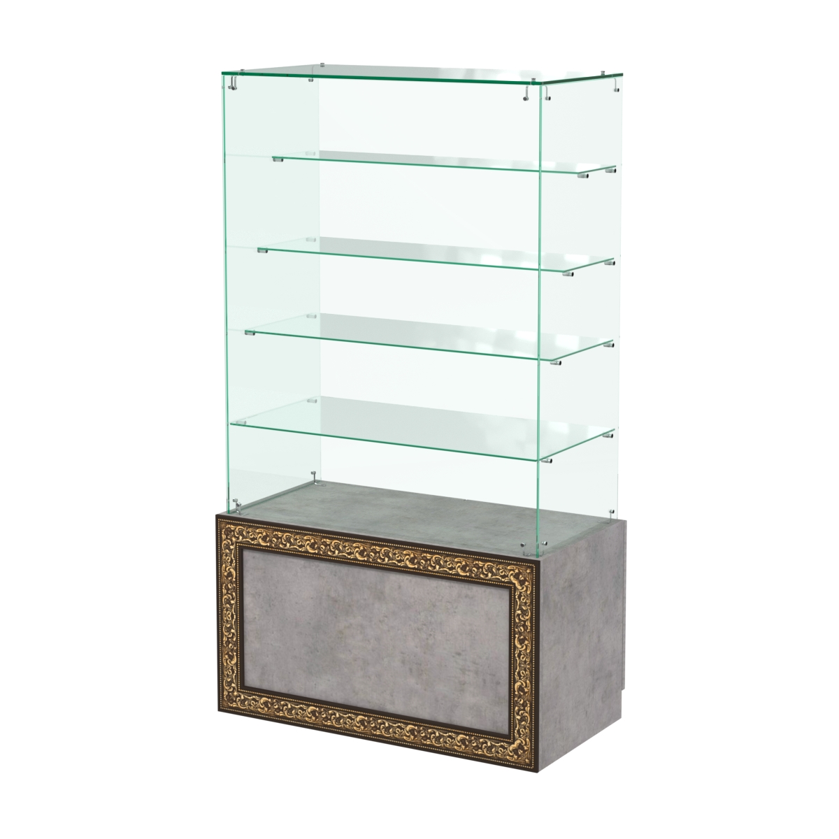 Стеклянный прилавок с декором и четырьмя прозрачными полками "лесенкой" №СПБА-204 Бетон Чикаго светло-серый F186 ST9