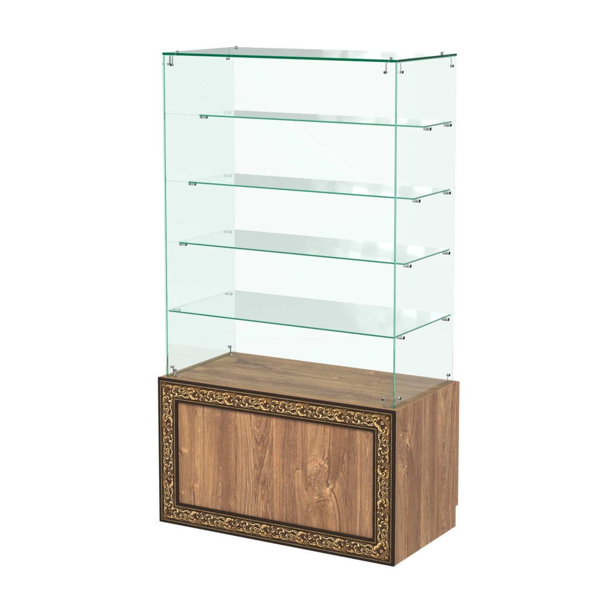 Стеклянный прилавок с декором и четырьмя прозрачными полками "лесенкой" №СПБА-204 Дуб Канзас коричневый