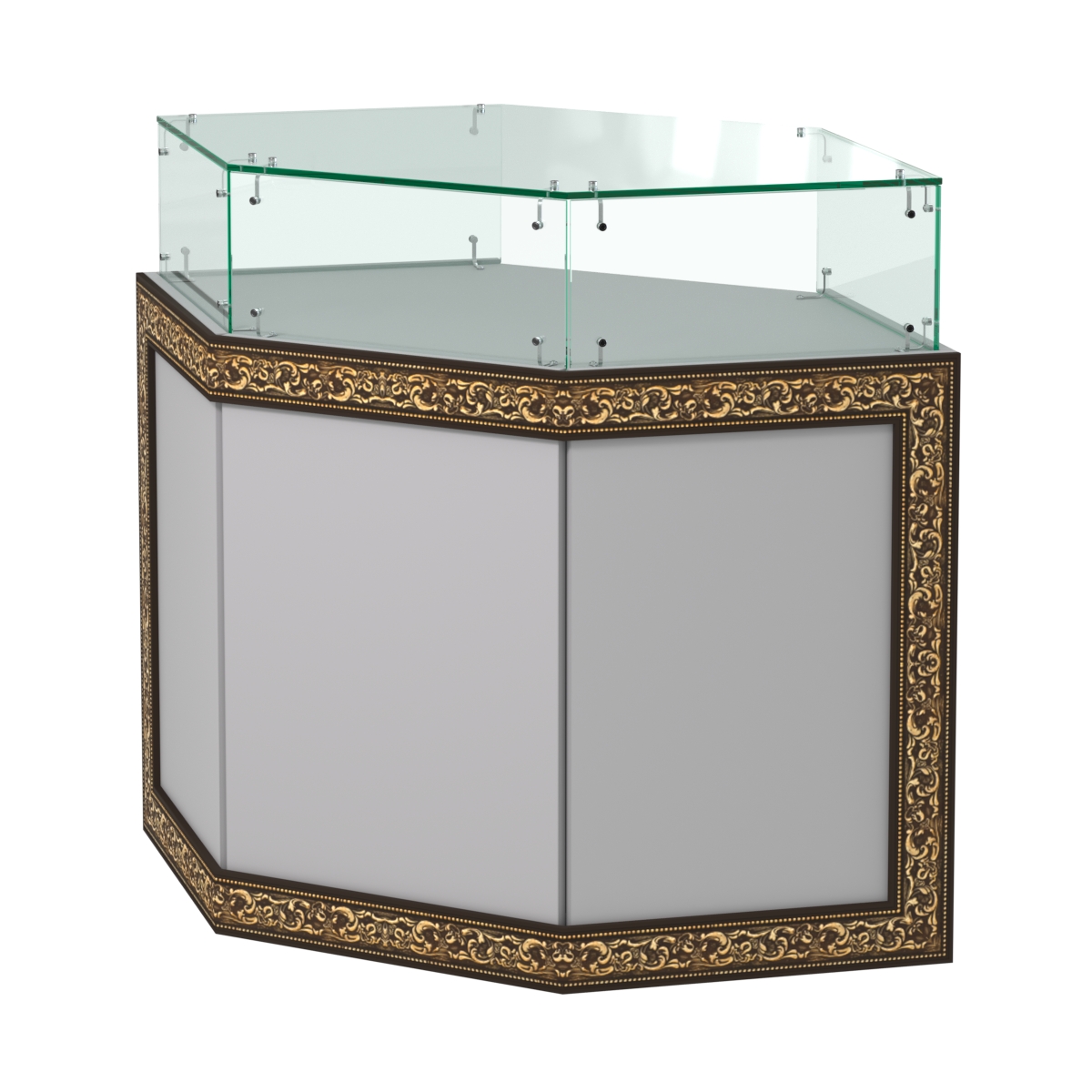 Стеклянный шестигранный прилавок с декором №СПБА-16 Серый