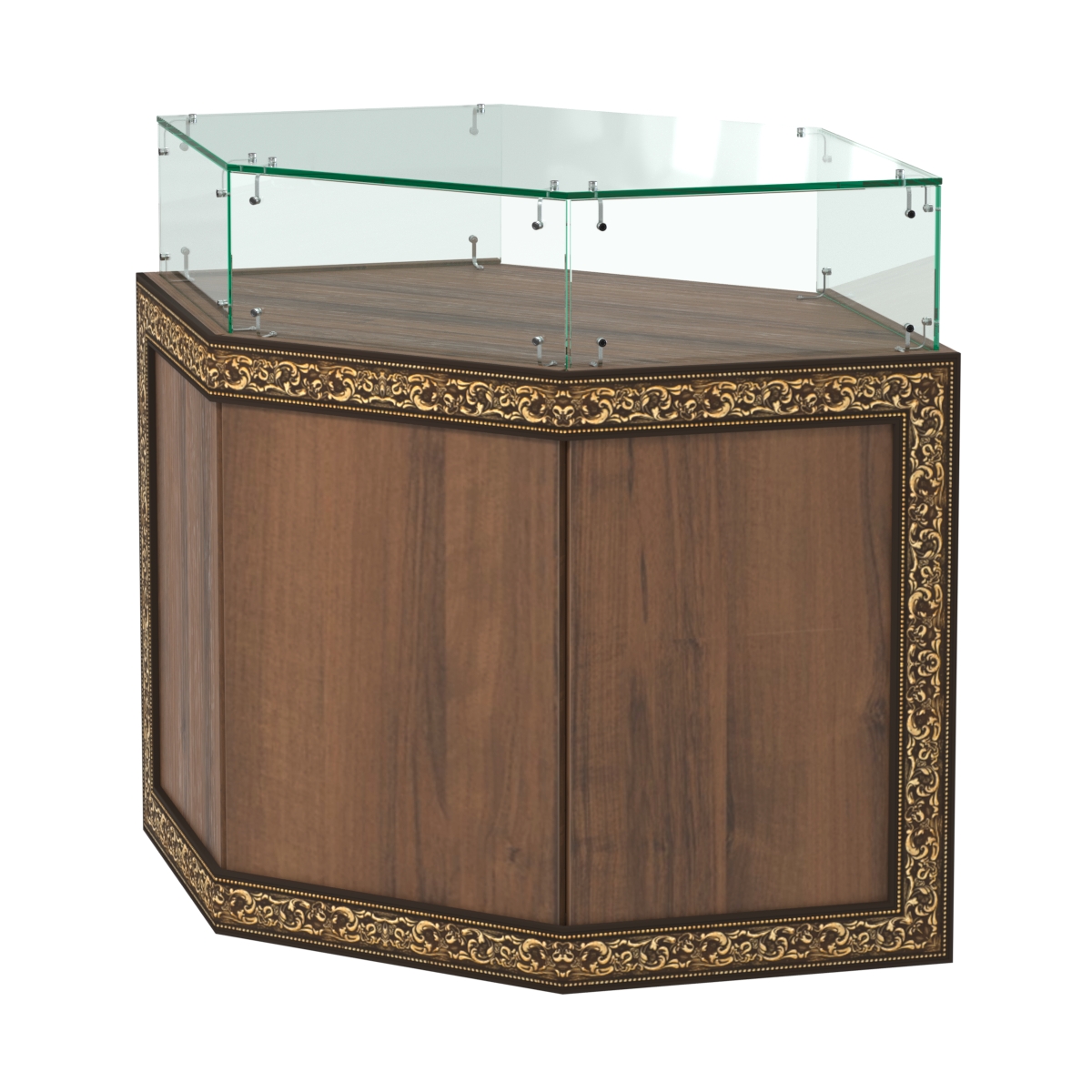 Стеклянный шестигранный прилавок с декором №СПБА-16 Орех