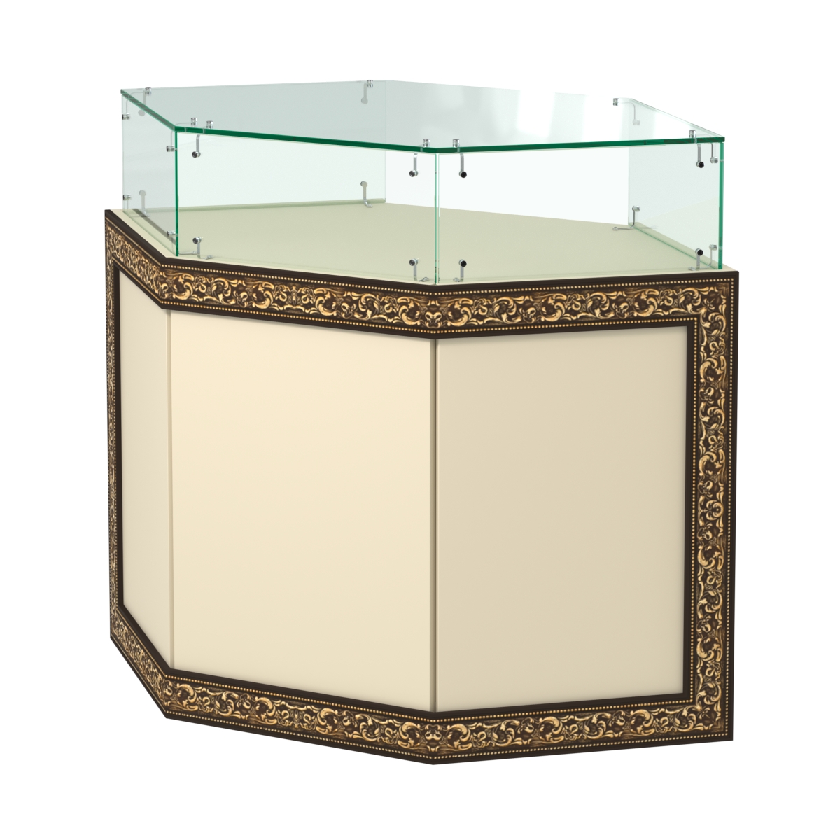 Стеклянный шестигранный прилавок с декором №СПБА-16 Крем Вайс