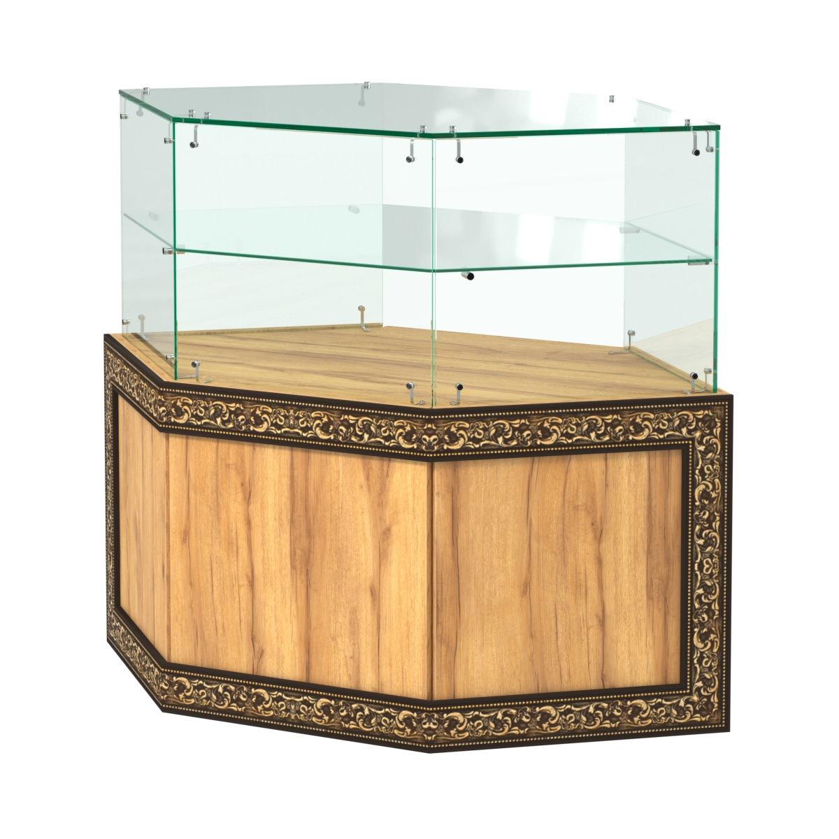 Стеклянный угловой прилавок с декором №СПБА-17 Дуб Золотистый