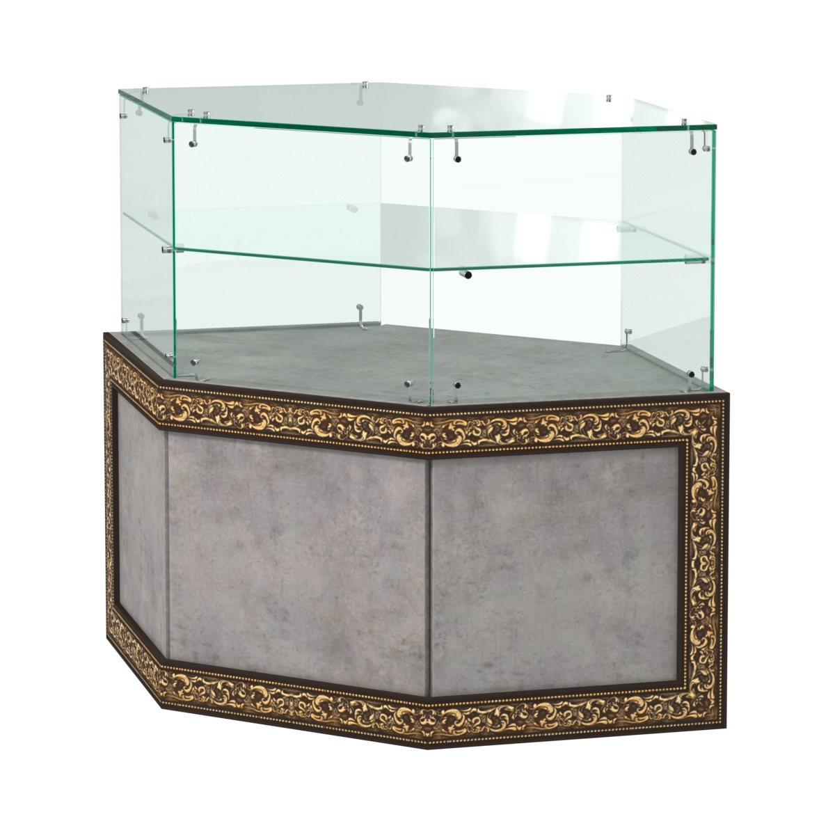 Стеклянный угловой прилавок с декором №СПБА-17 Бетон Чикаго светло-серый F186 ST9