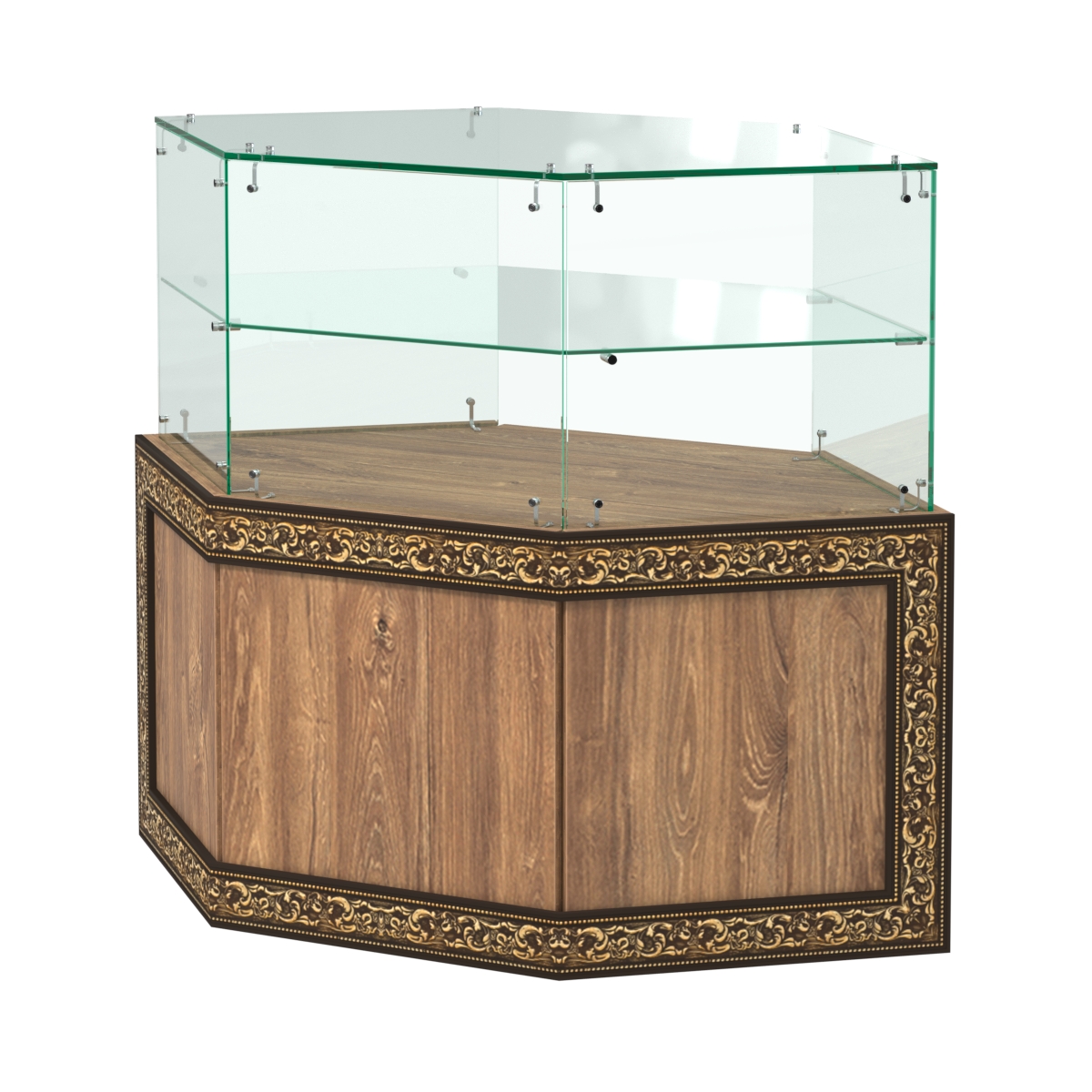 Стеклянный угловой прилавок с декором №СПБА-17 Дуб Канзас коричневый