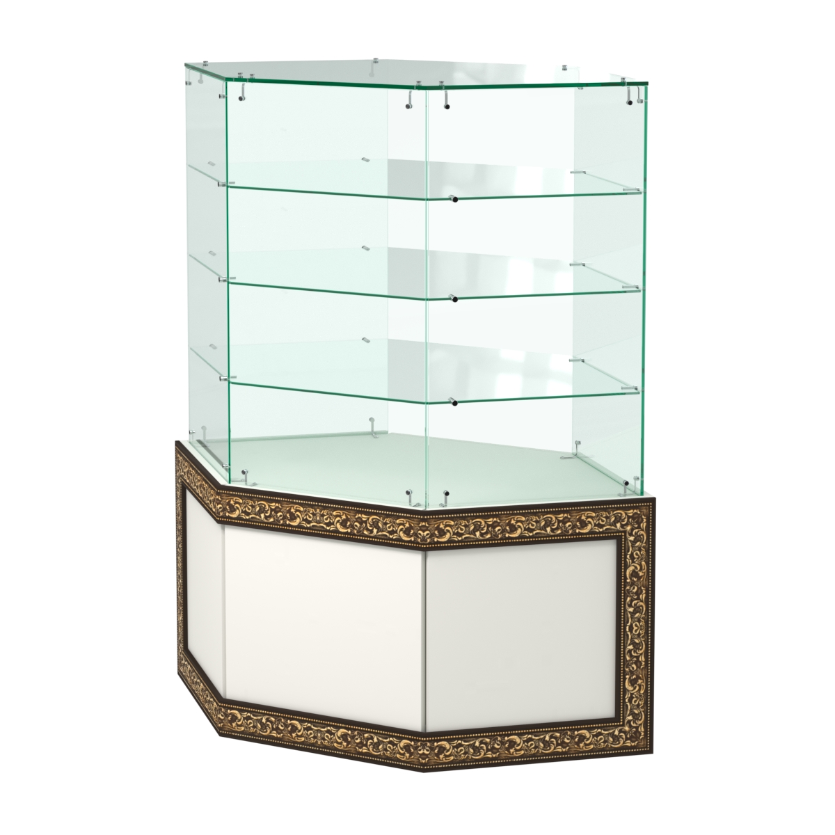 Стеклянный прилавок с декором и шестигранными полками №СПБА-207 Белый