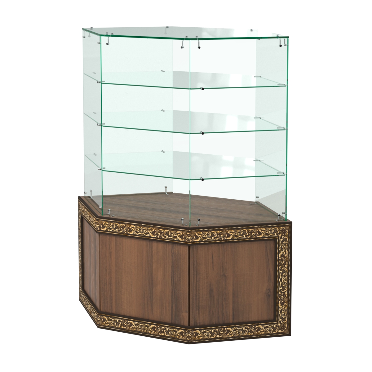 Стеклянный прилавок с декором и шестигранными полками №СПБА-207 Орех