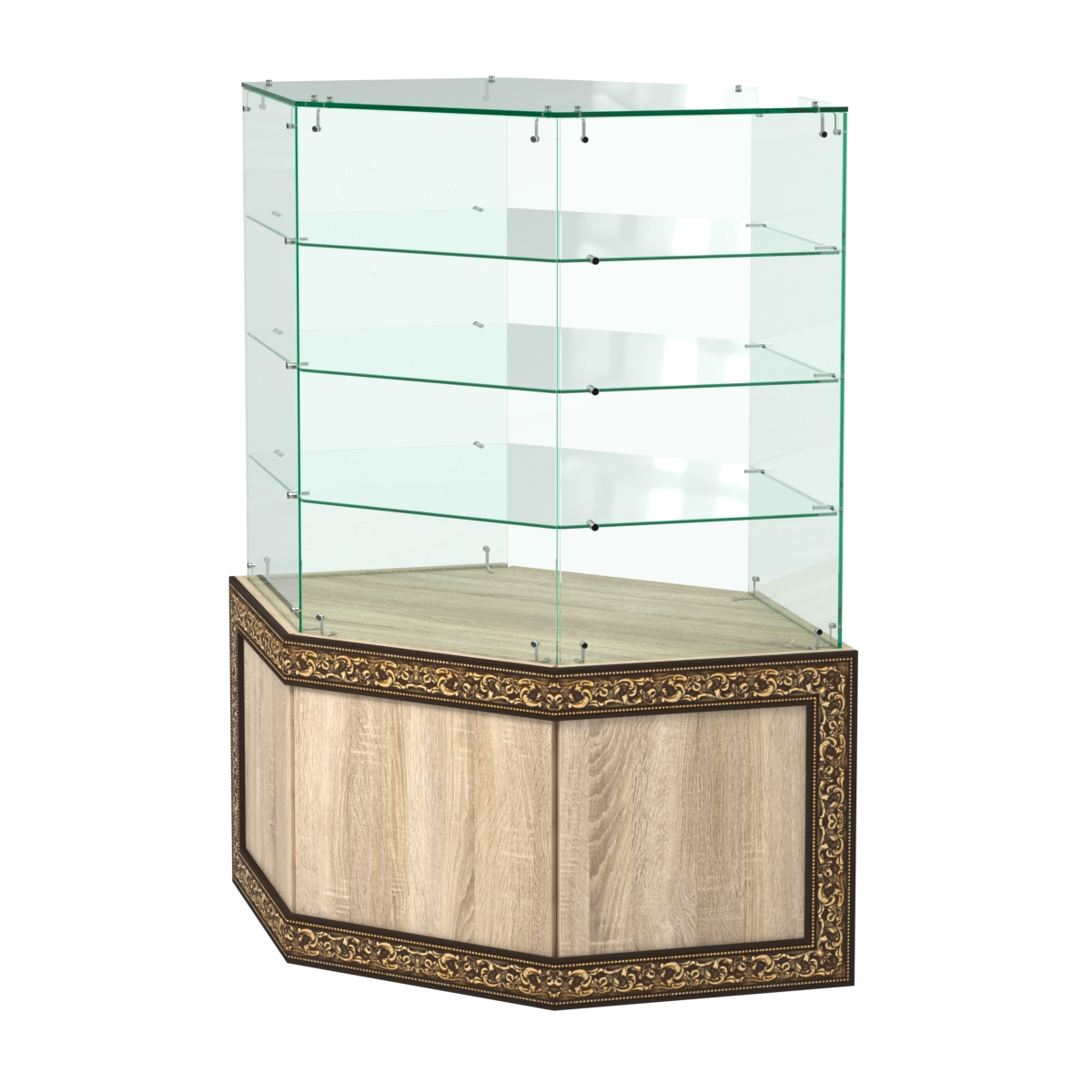 Стеклянный прилавок с декором и шестигранными полками №СПБА-207 Дуб сонома