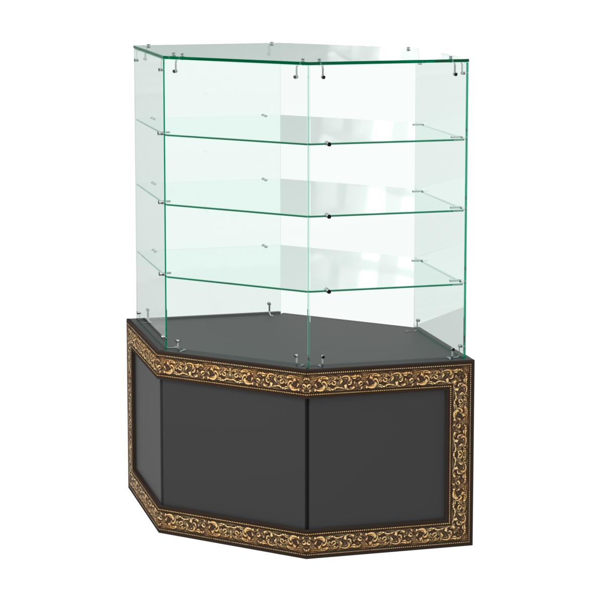 Стеклянный прилавок с декором и шестигранными полками №СПБА-207 Черный