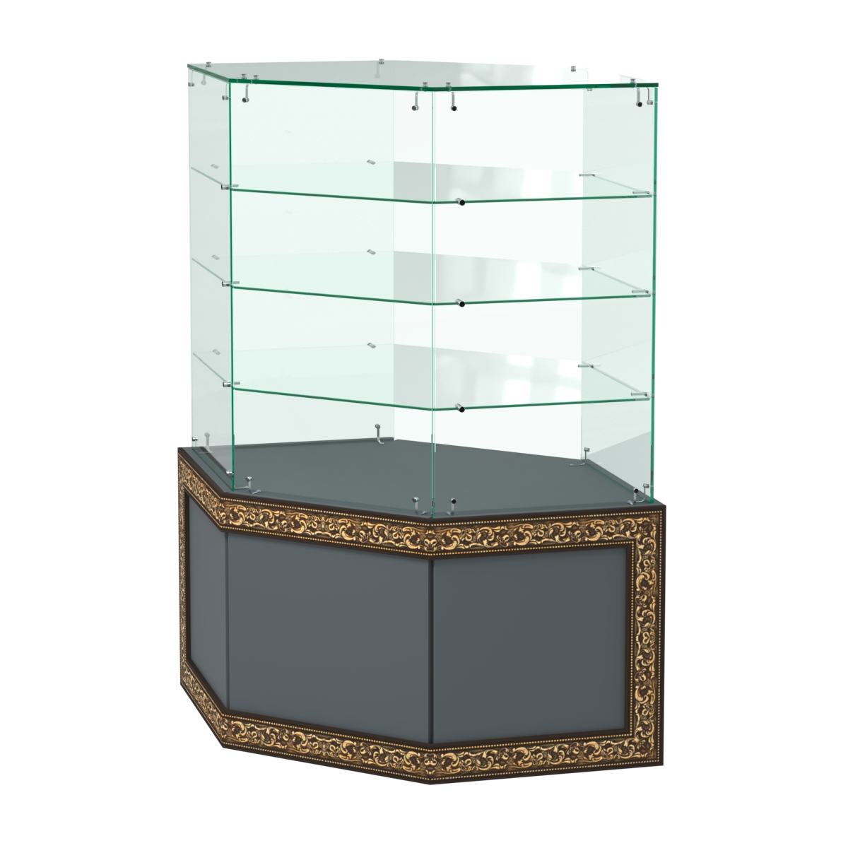 Стеклянный прилавок с декором и шестигранными полками №СПБА-207 Темно-Серый