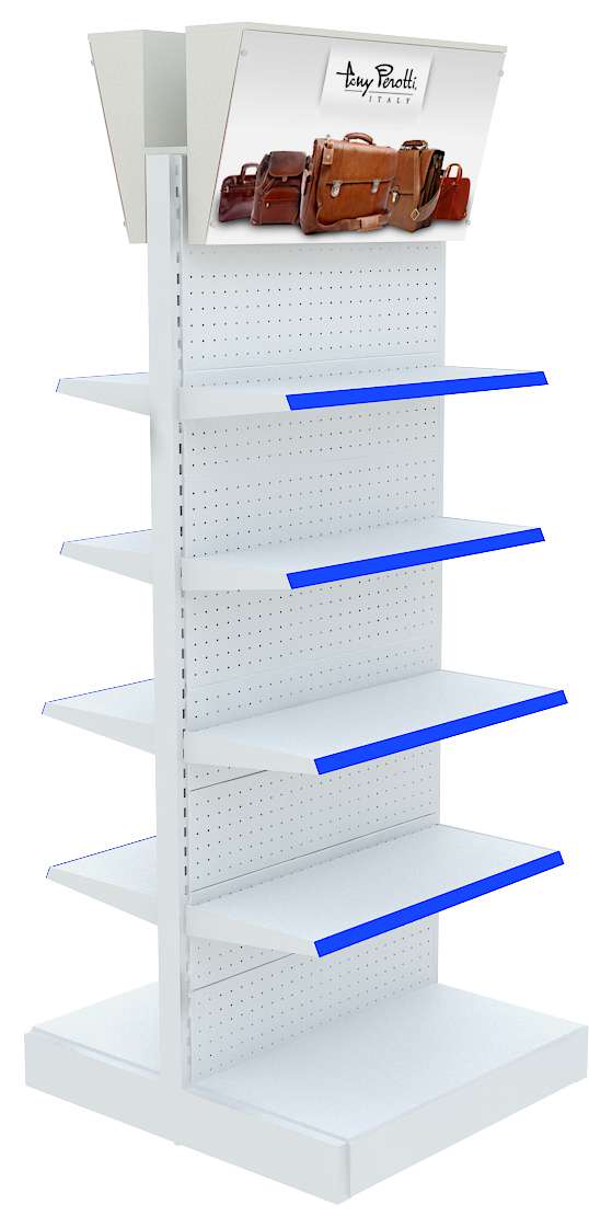 Большой двусторонний стеллаж с металлическими полками и световыми коробами №4 Серый