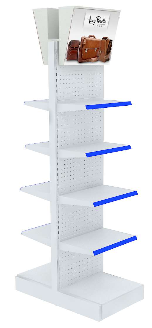 Малый двусторонний стеллаж с металлическими полками и световыми коробами №5 Крем Вайс