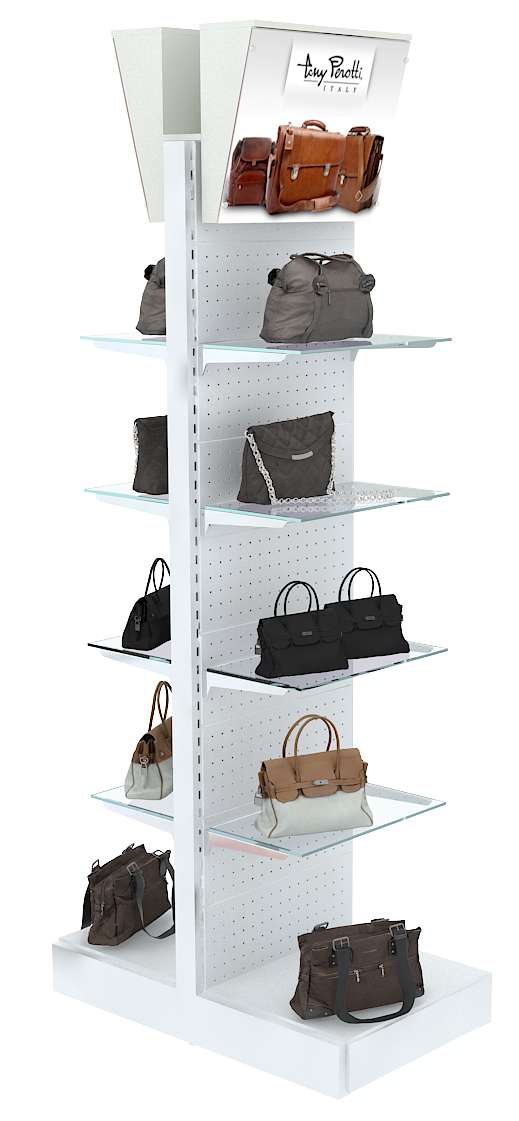 Узкий двусторонний стеллаж со стеклянными полками и световым коробом №5 Орех