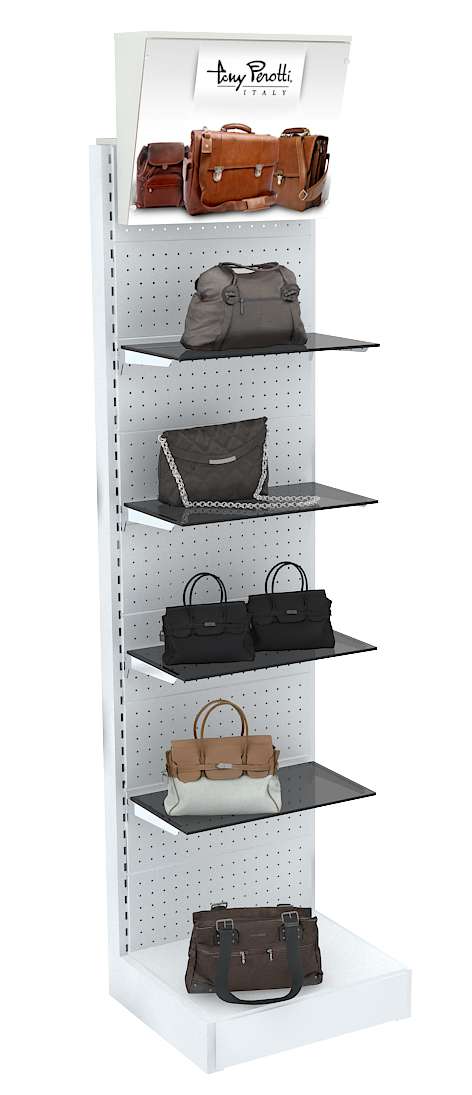 Пристенный узкий стеллаж с тонированными полками и световым коробом №2 Крем Вайс