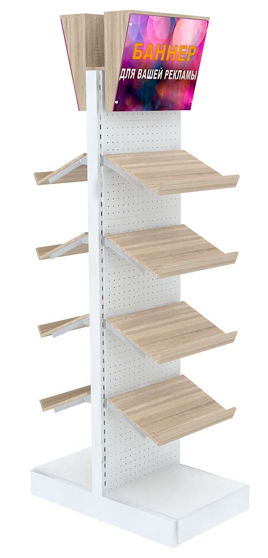 Узкий островной стеллаж с лайт-боксом и наклонными полками №4 Серый