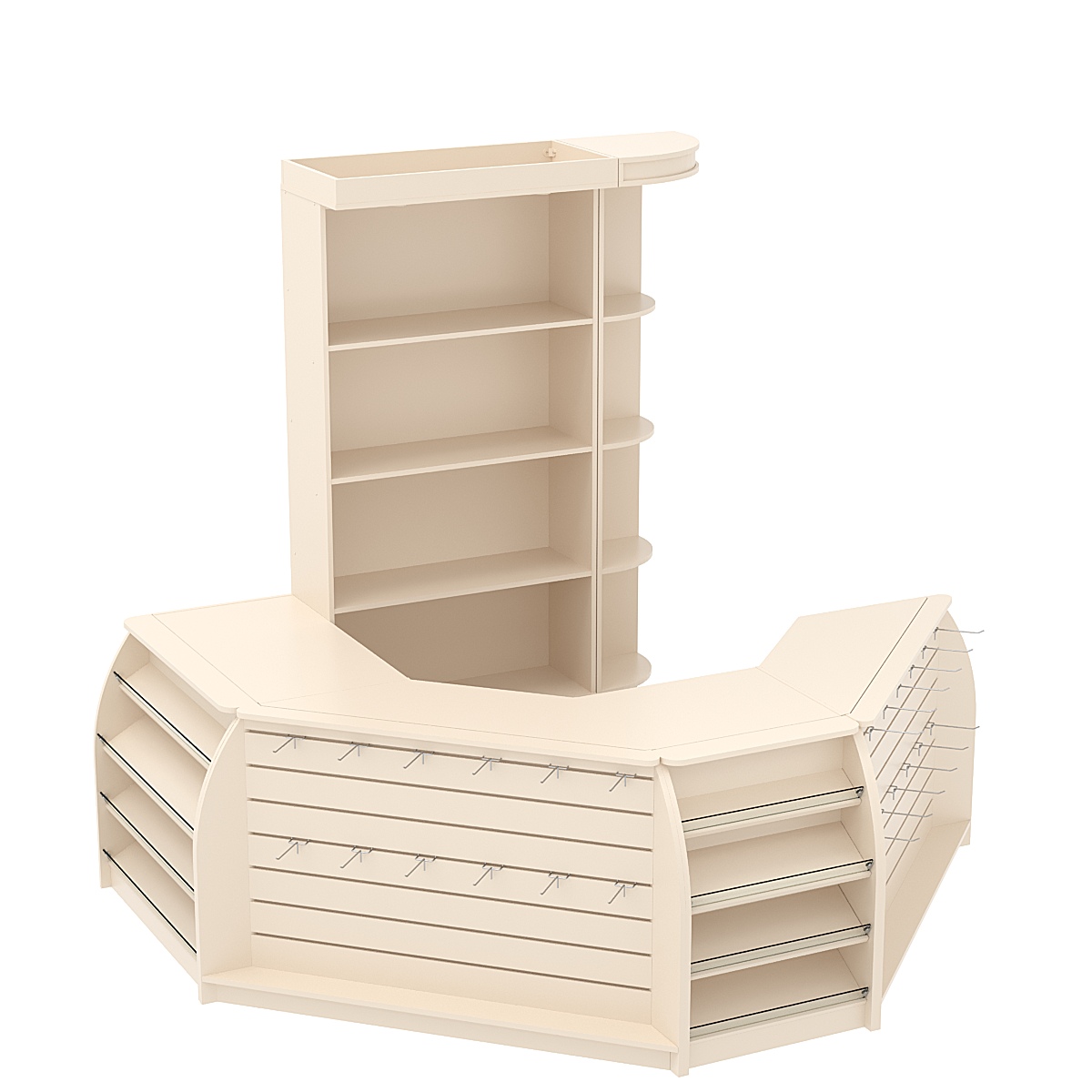 Комплект кассовой зоны со скосами и открытыми стеллажами малый №1-1 Крем Вайс