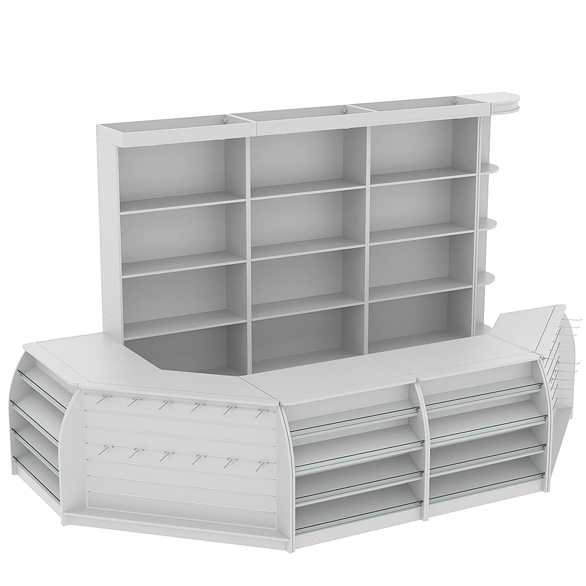 Комплект кассовой зоны со скосами и открытыми стеллажами большой №3-1 Серый