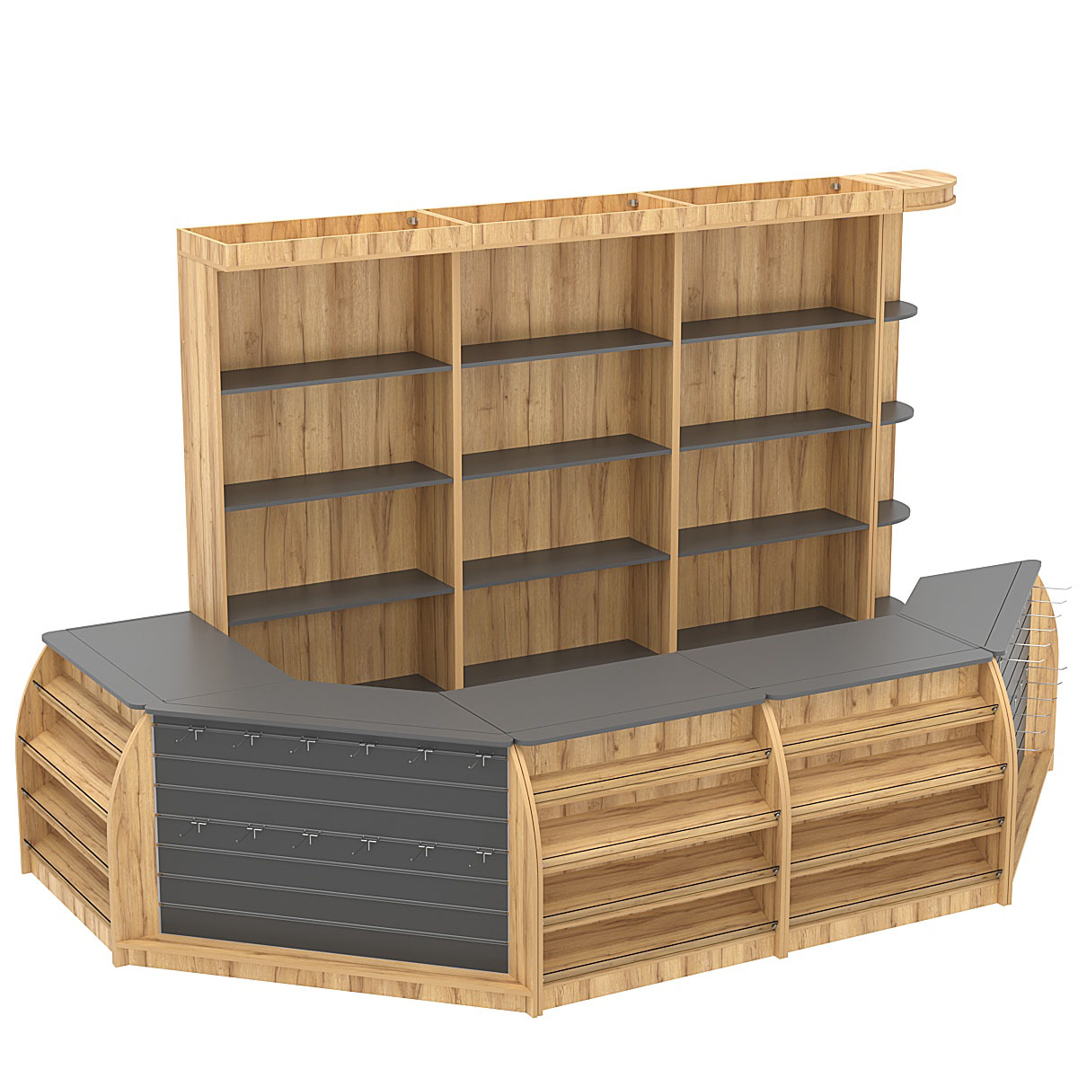 Комплект кассовой зоны со скосами и открытыми стеллажами большой №3-1 Дуб Золотистый и Темно-Серый