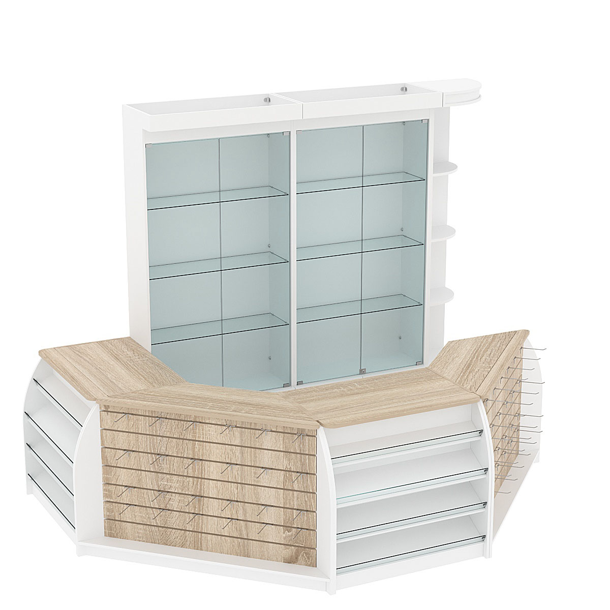 Комплект кассовой зоны с витринами и скошенным фасадом средний №2-1 Белый + Дуб Сонома