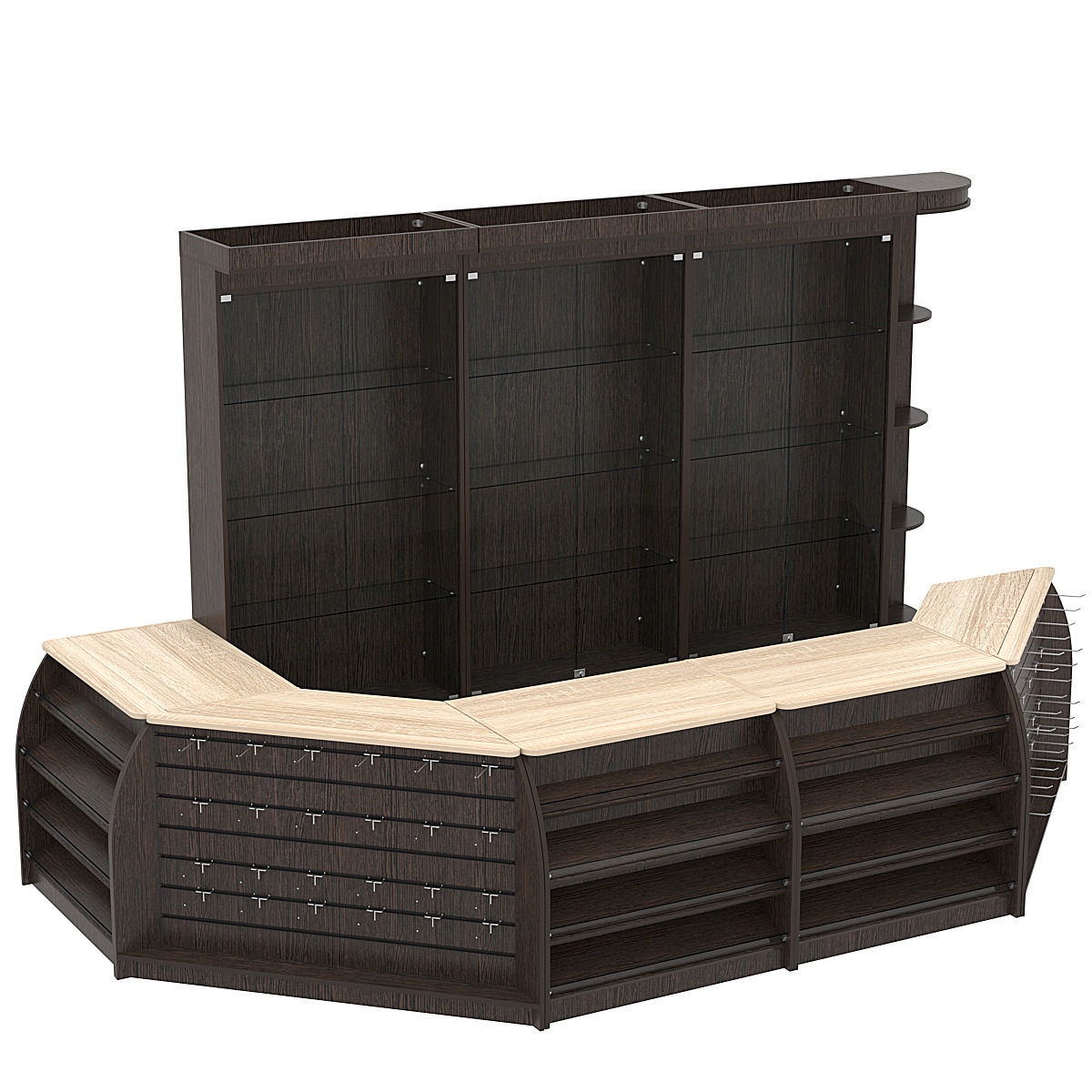 Комплект кассовой зоны с витринами и скошенным фасадом большой №3-1 Дуб Венге и Дуб Сонома