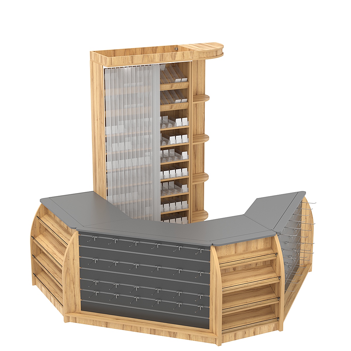 Комплект кассовой зоны со скошенным фасадом и стеллажом под сигареты малый №1-1 Дуб Золотистый и Темно-Серый