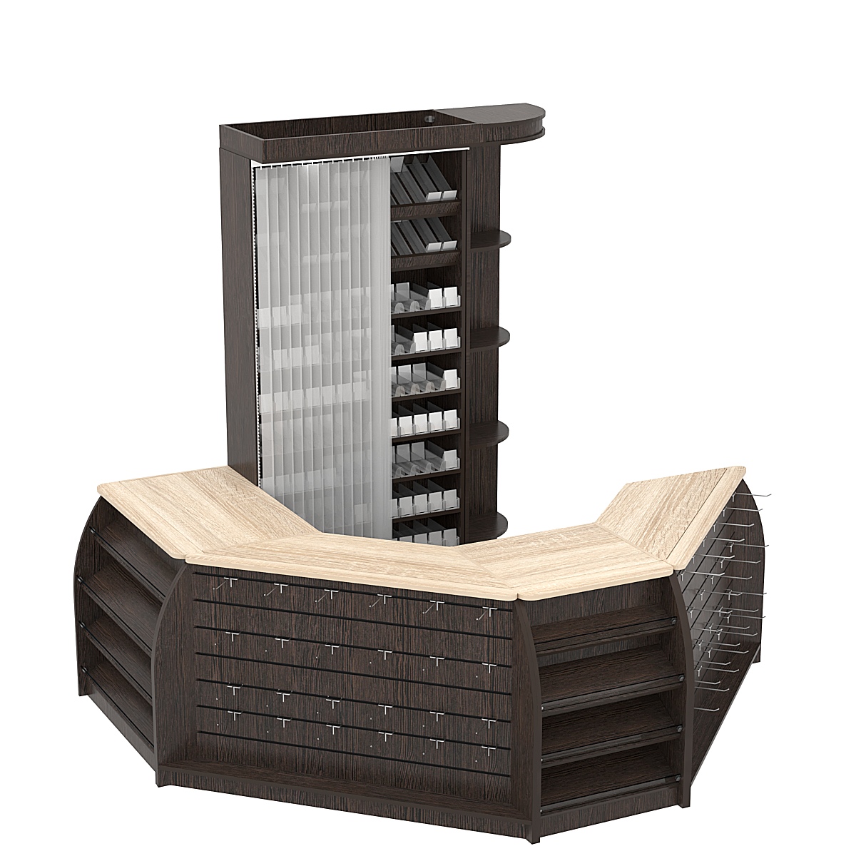 Комплект кассовой зоны со скошенным фасадом и стеллажом под сигареты малый №1-1 Дуб Венге и Дуб Сонома