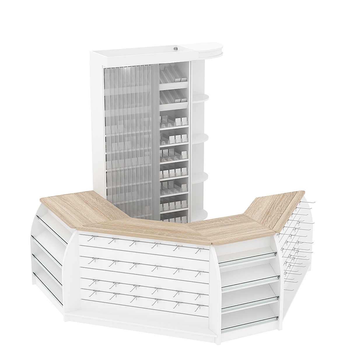 Комплект кассовой зоны со скошенным фасадом и стеллажом под сигареты малый №1-1 Белый + Дуб Сонома