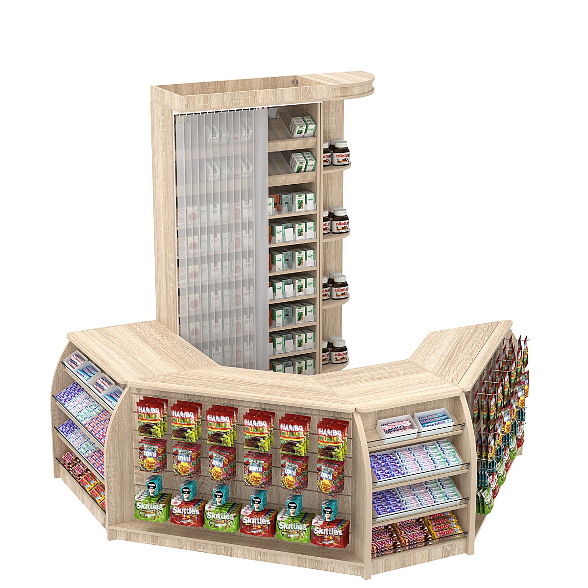 Комплект кассовой зоны со скошенным фасадом и стеллажом под сигареты малый №1-1 Дуб сонома