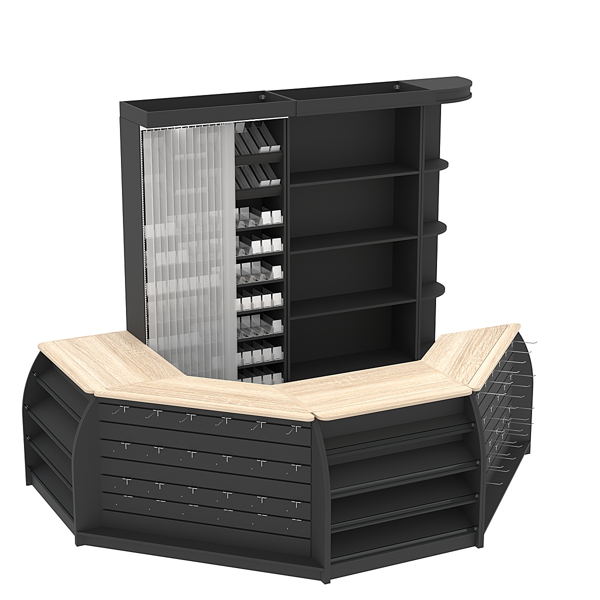 Комплект кассовой зоны со скошенным фасадом и стеллажом под сигареты средний №2-1 Черный + Дуб Сонома
