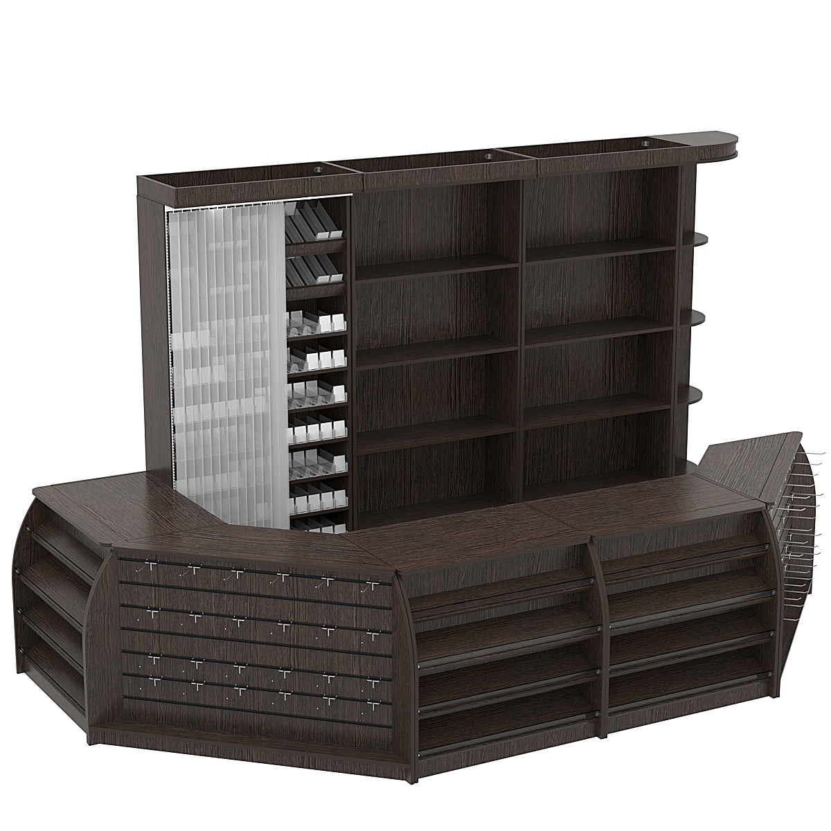 Комплект кассовой зоны со скошенным фасадом и стеллажом под сигареты большой №3-1 Дуб Венге