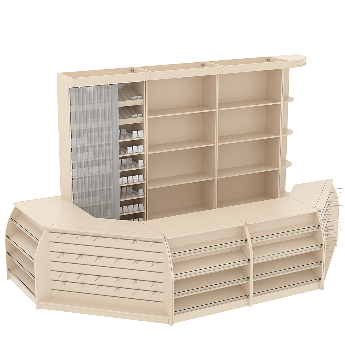 Комплект кассовой зоны со скошенным фасадом и стеллажом под сигареты большой №3-1 Крем Вайс