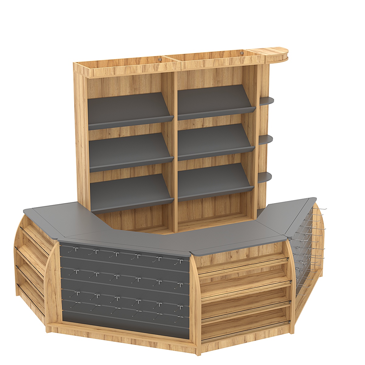 Комплект кассовой зоны со скосами для магазина выпечки средний №2-1 Дуб Золотистый и Темно-Серый