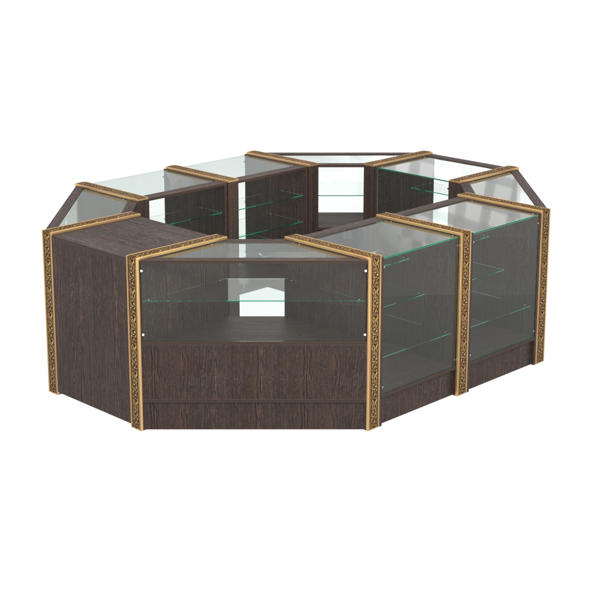 Торговый островок с прозрачными полками и молдингами №2 (4,72 кв.м) Дуб Венге