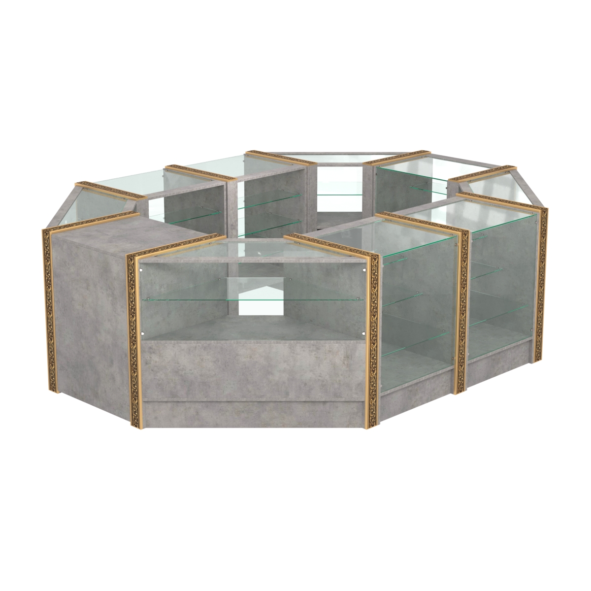 Торговый островок с прозрачными полками и молдингами №2 (4,72 кв.м) Бетон Чикаго светло-серый F186 ST9