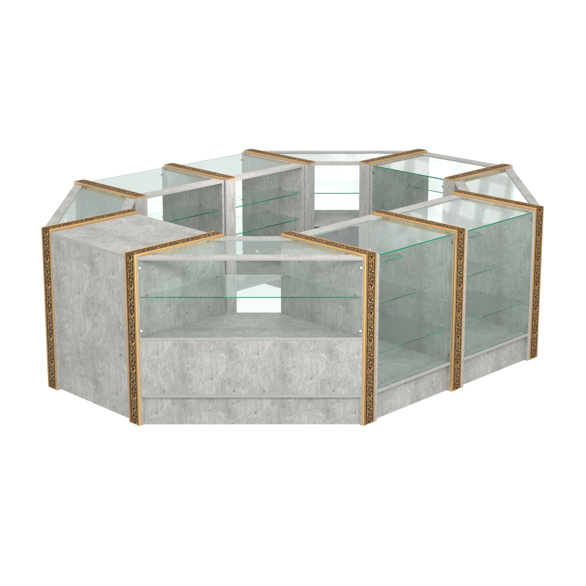 Торговый островок с прозрачными полками и молдингами №2 (4,72 кв.м) Метрополитан Грей