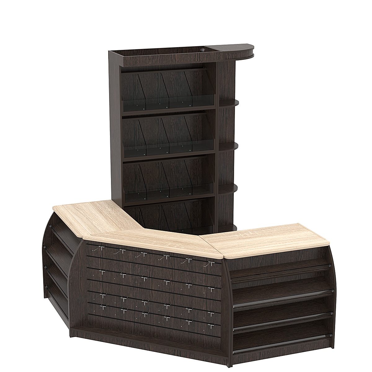 Комплект кассовой зоны со стеллажами под конфеты и орехи малый №1 Дуб Венге и Дуб Сонома