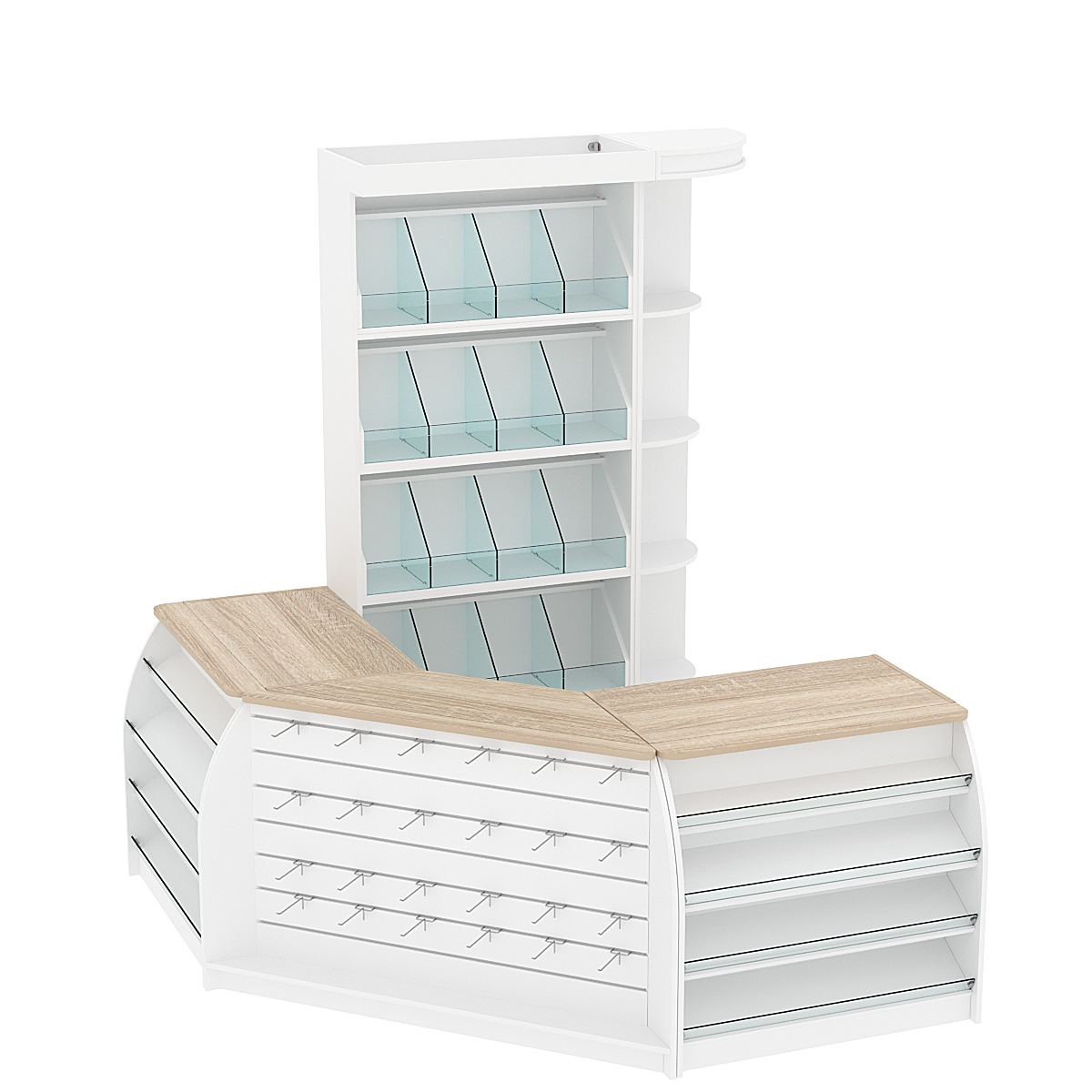 Комплект кассовой зоны со стеллажами под конфеты и орехи малый №1 Белый + Дуб Сонома