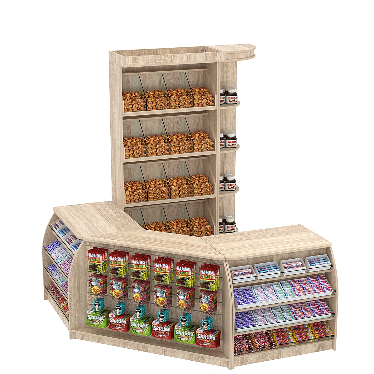 Комплект кассовой зоны со стеллажами под конфеты и орехи малый №1 Дуб сонома