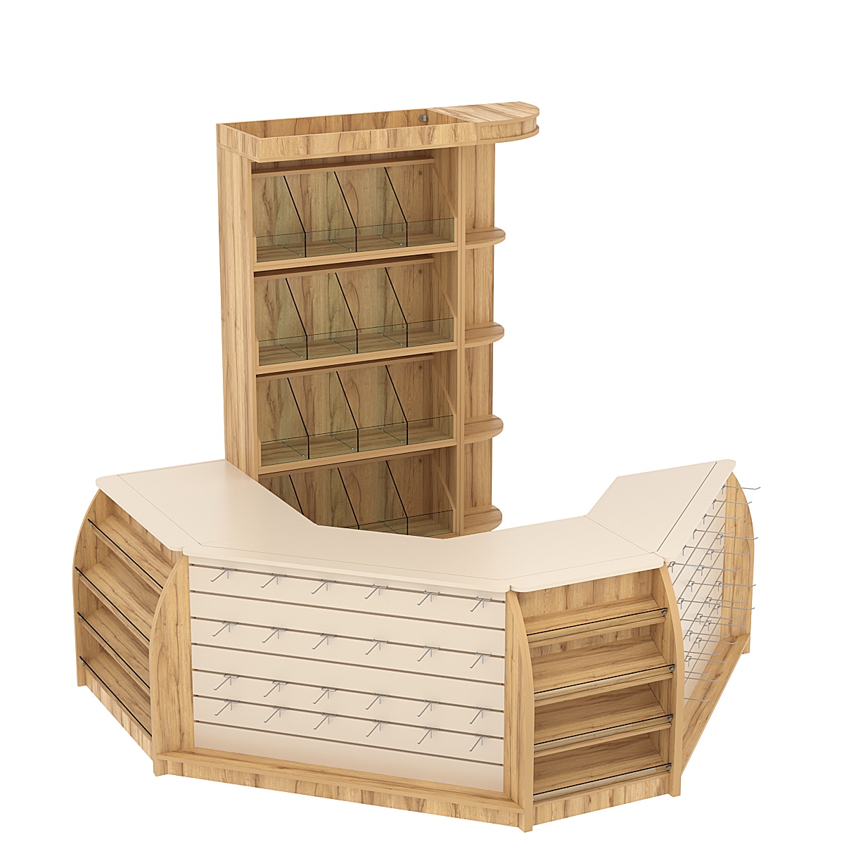 Комплект кассовой зоны со скосами и стеллажами под конфеты и орехи малый №1-1 Дуб Золотистый Крем Вайс