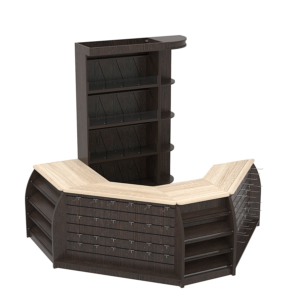 Комплект кассовой зоны со скосами и стеллажами под конфеты и орехи малый №1-1 Дуб Венге и Дуб Сонома