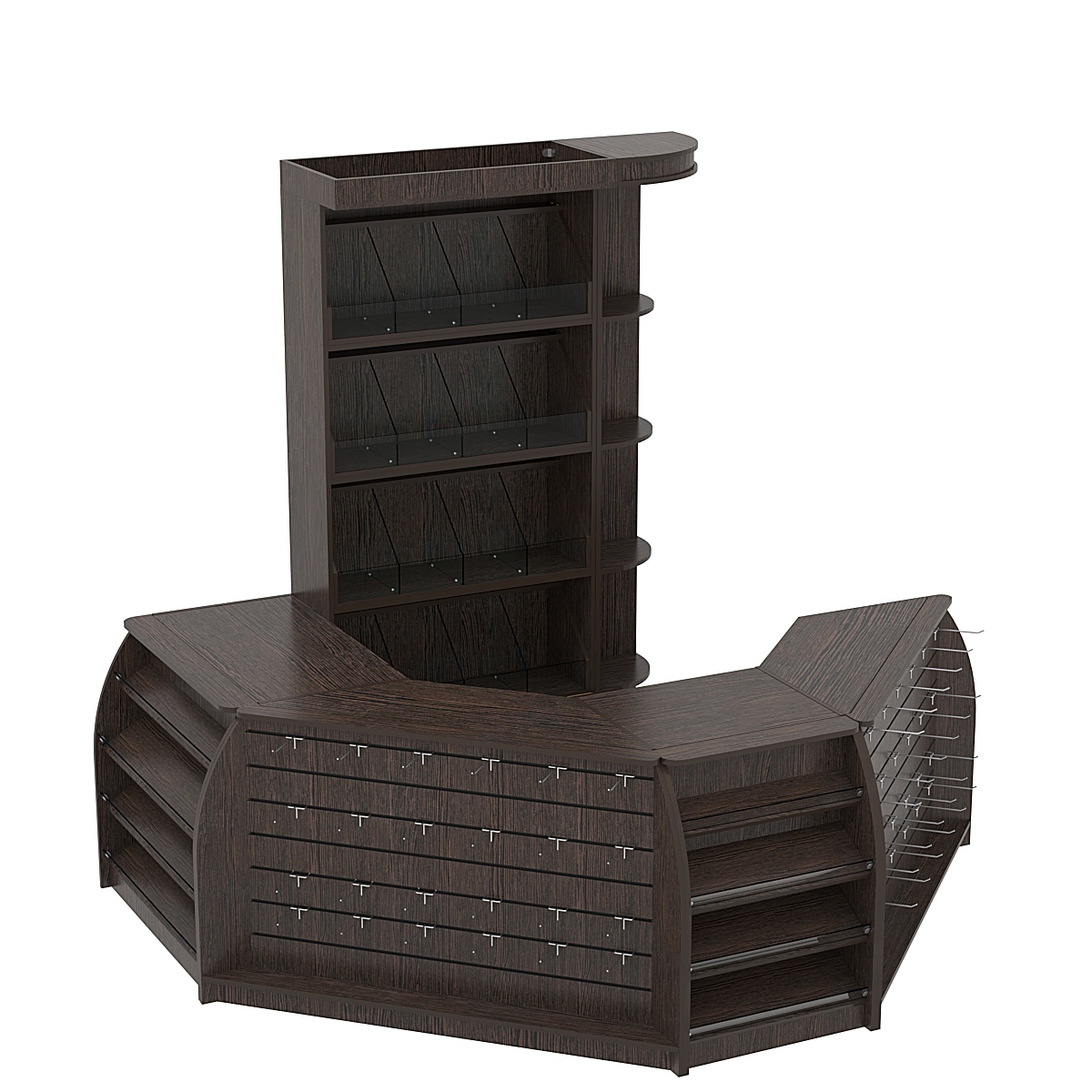 Комплект кассовой зоны со скосами и стеллажами под конфеты и орехи малый №1-1 Дуб Венге