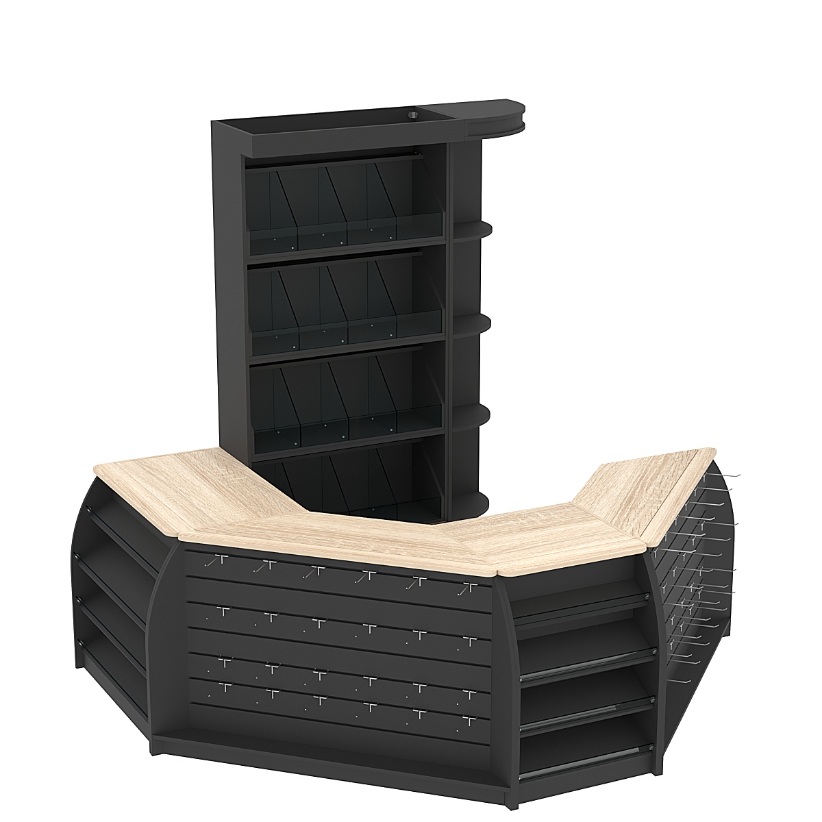 Комплект кассовой зоны со скосами и стеллажами под конфеты и орехи малый №1-1 Черный + Дуб Сонома
