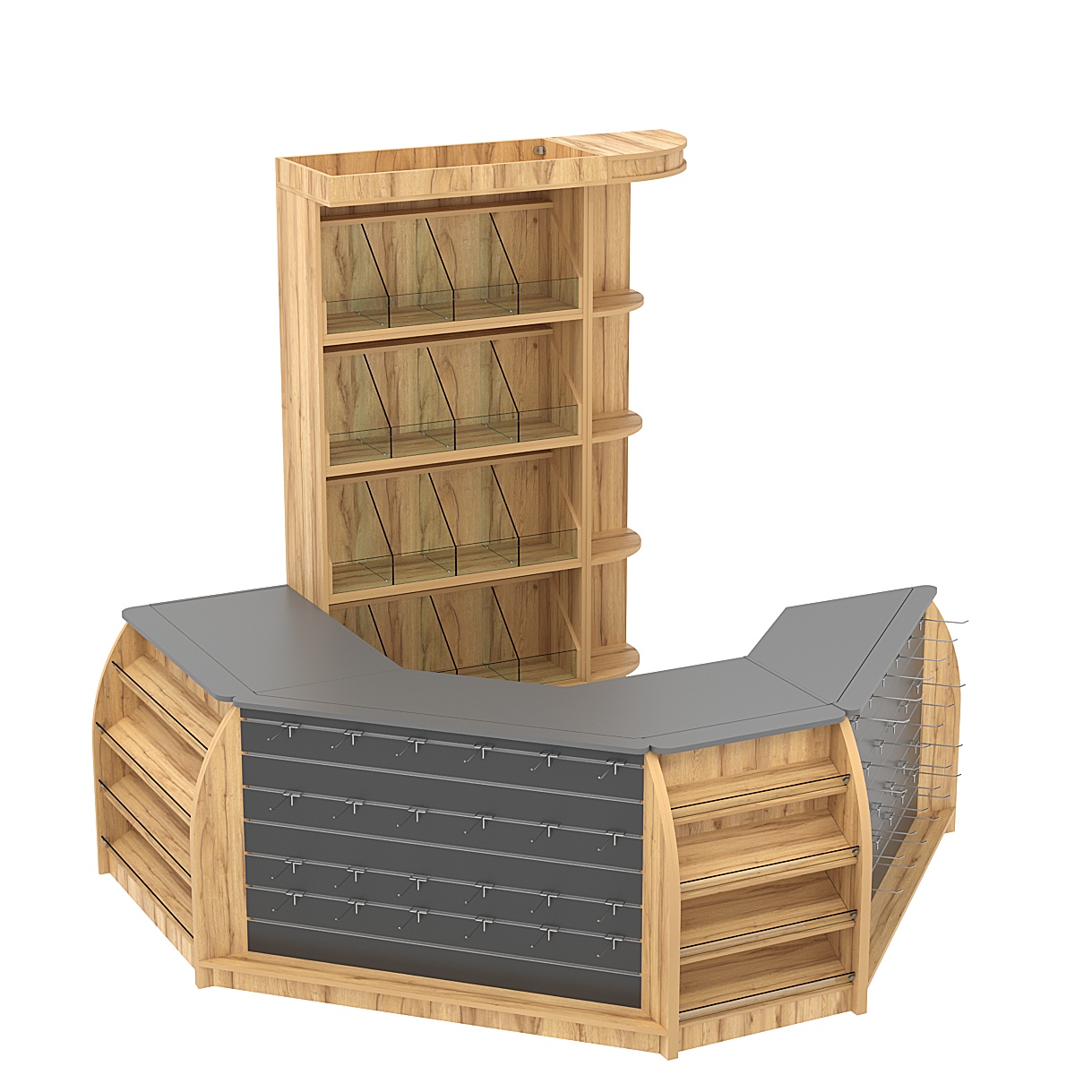 Комплект кассовой зоны со скосами и стеллажами под конфеты и орехи малый №1-1 Дуб Золотистый и Темно-Серый