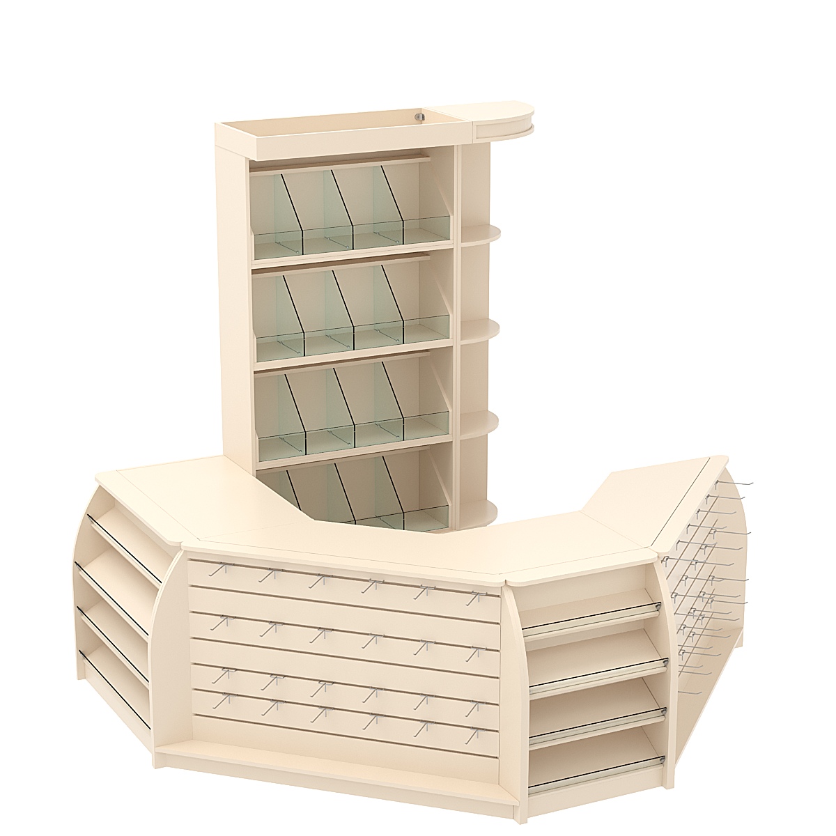 Комплект кассовой зоны со скосами и стеллажами под конфеты и орехи малый №1-1 Крем Вайс