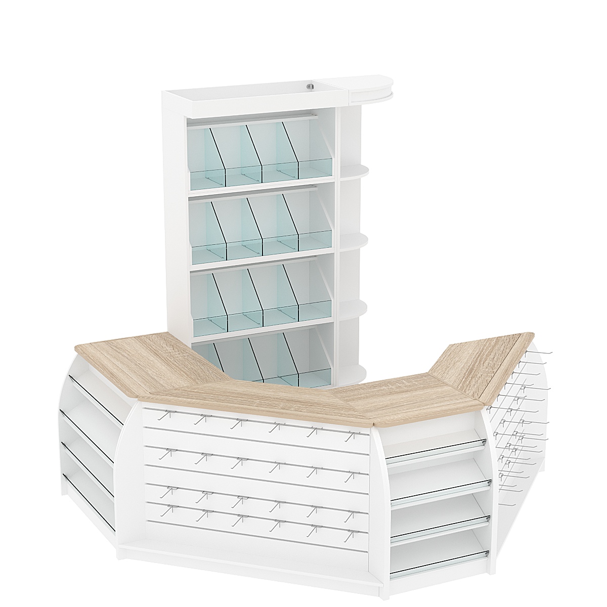 Комплект кассовой зоны со скосами и стеллажами под конфеты и орехи малый №1-1 Белый + Дуб Сонома