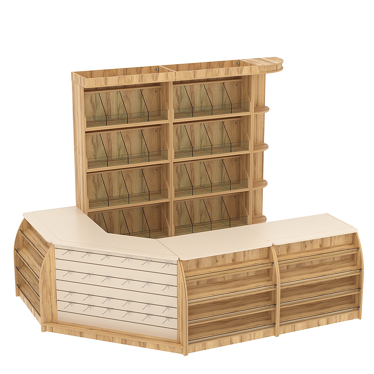 Комплект кассовой зоны со стеллажами под конфеты и орехи средний №2 Дуб Золотистый Крем Вайс