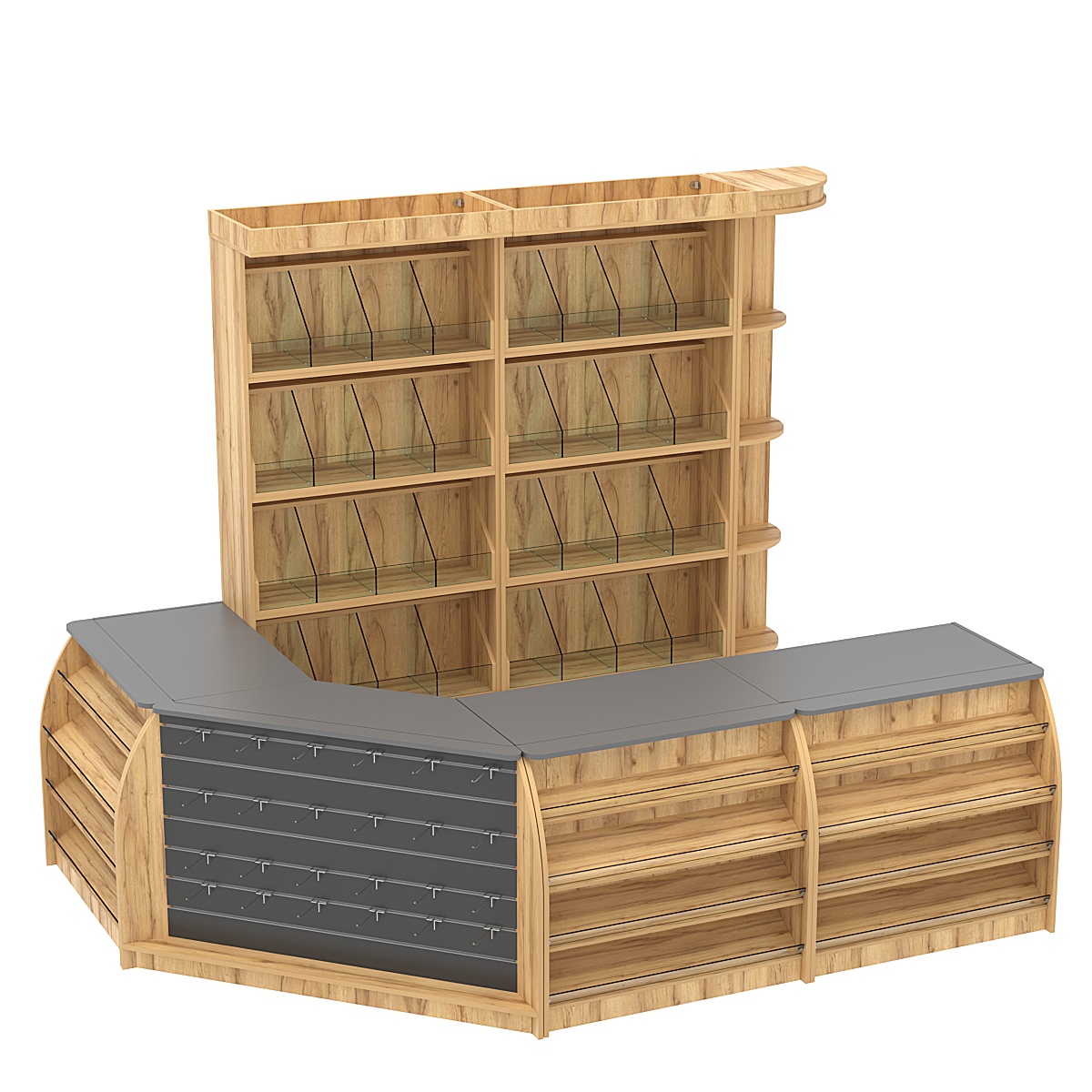 Комплект кассовой зоны со стеллажами под конфеты и орехи средний №2 Дуб Золотистый и Темно-Серый