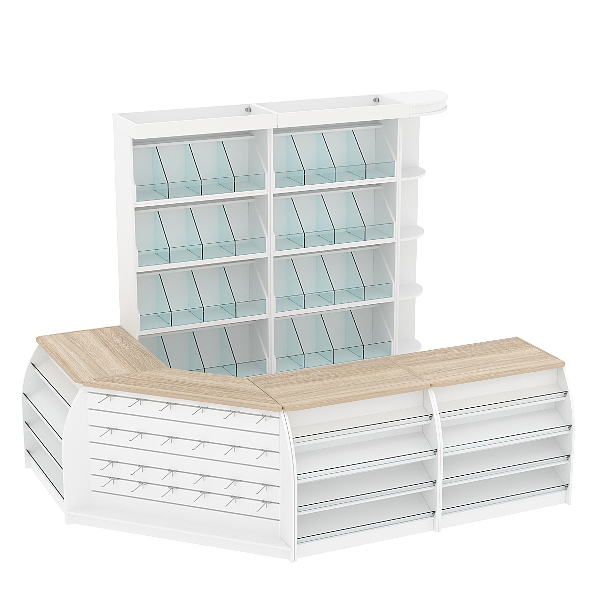 Комплект кассовой зоны со стеллажами под конфеты и орехи средний №2 Белый + Дуб Сонома